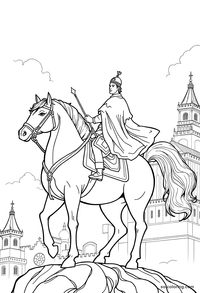 The prince on the ebony horse above the palace coloring page, free printable detailed style