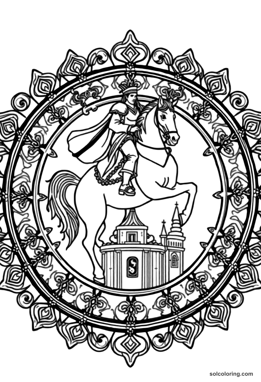 Mandala The prince on the ebony horse above the palace coloring page, free printable mandala style