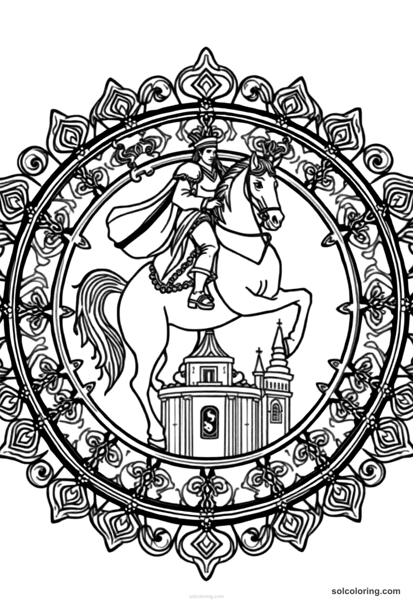 Mandala The prince on the ebony horse above the palace mandala coloring page for kids