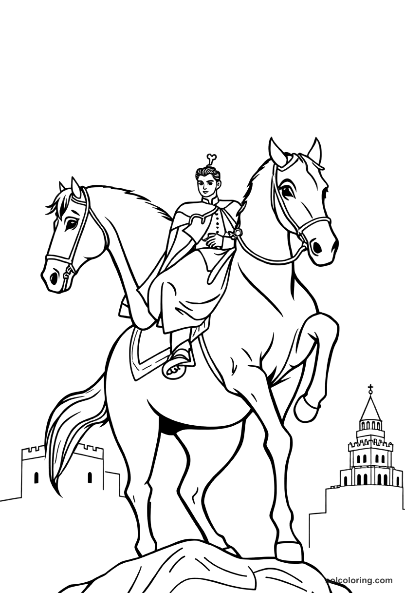 Simple The prince on the ebony horse above the palace coloring page, free printable simple style