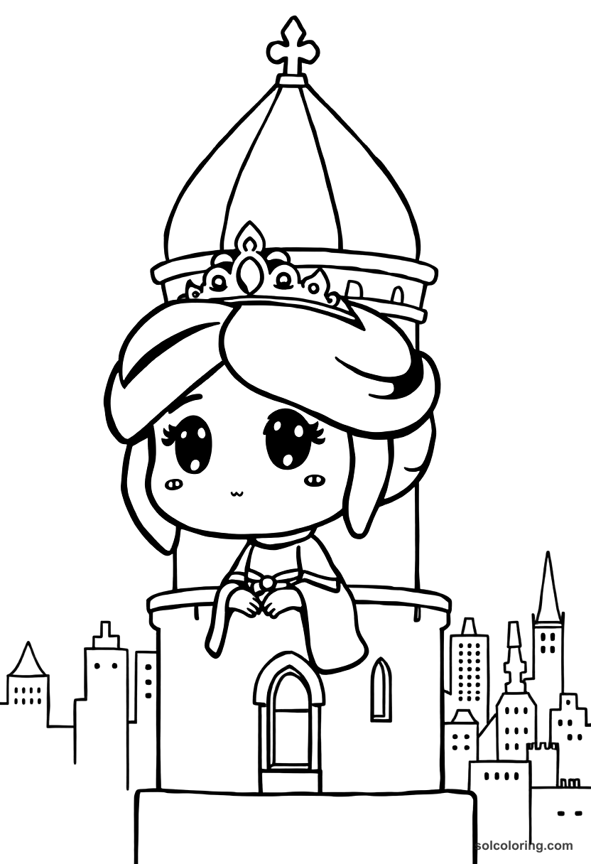 Chibi The princess in her tower overlooking the city coloring page, free printable chibi style