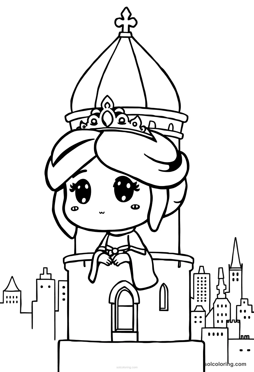 Chibi The princess in her tower overlooking the city chibi coloring page for kids