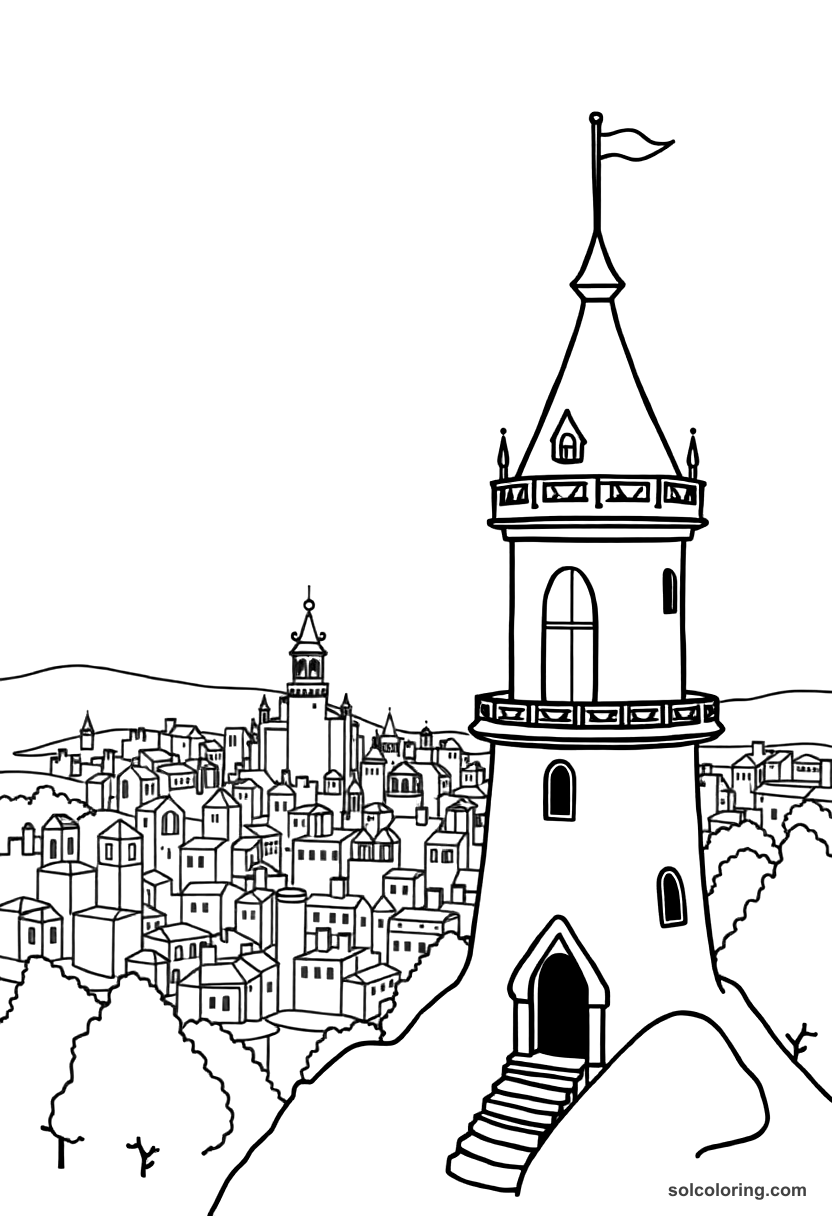 Cute Cartoon The princess in her tower overlooking the city coloring page, free printable cute cartoon style
