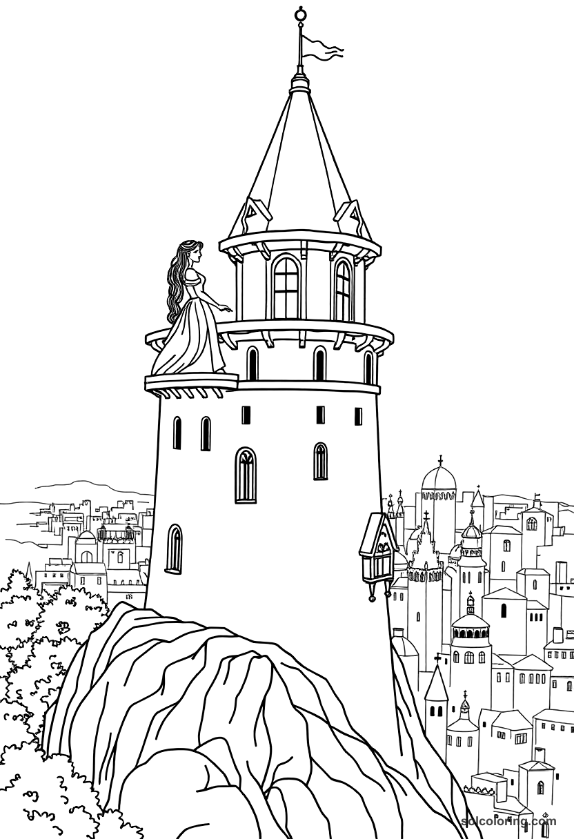 The princess in her tower overlooking the city coloring page, free printable detailed style