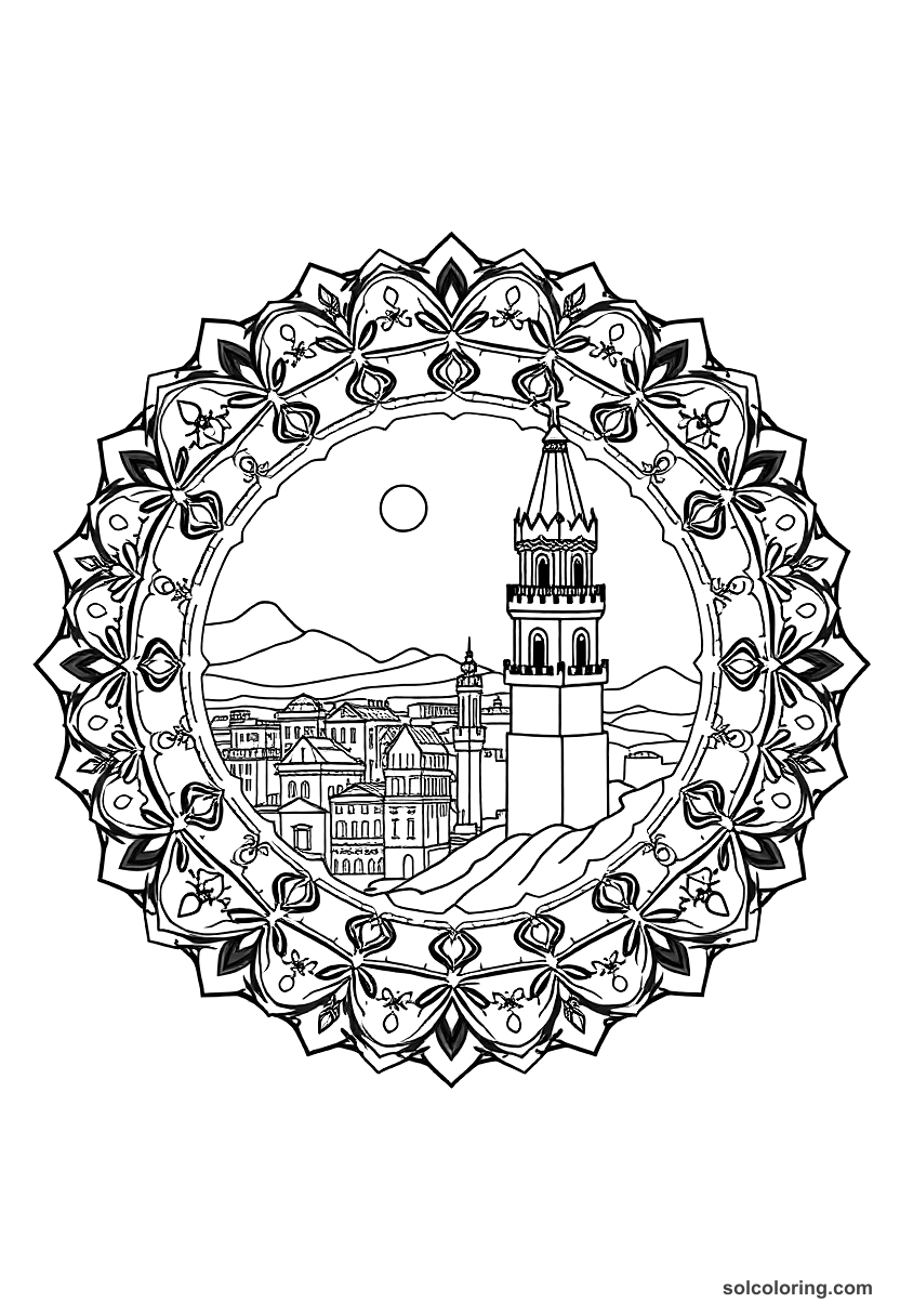 Mandala The princess in her tower overlooking the city coloring page, free printable mandala style for kids and adults