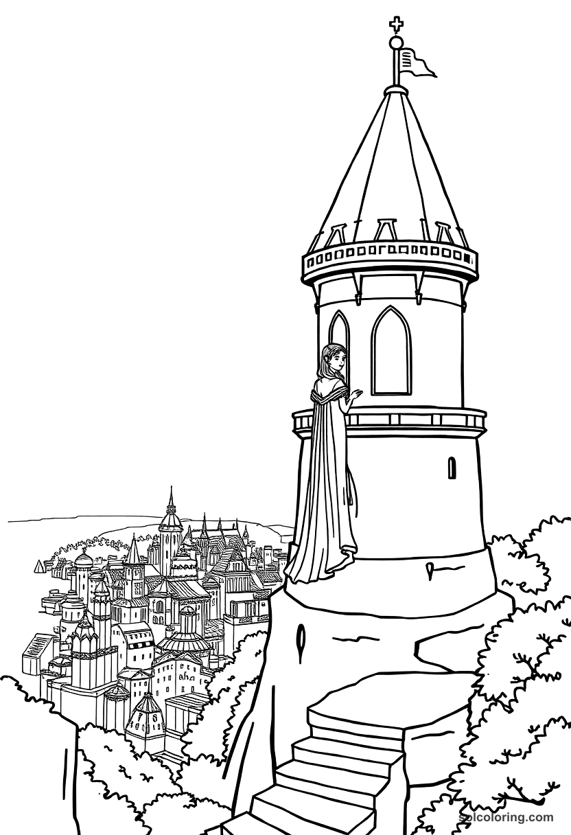 The Princess In Her Tower Overlooking The City coloring pages