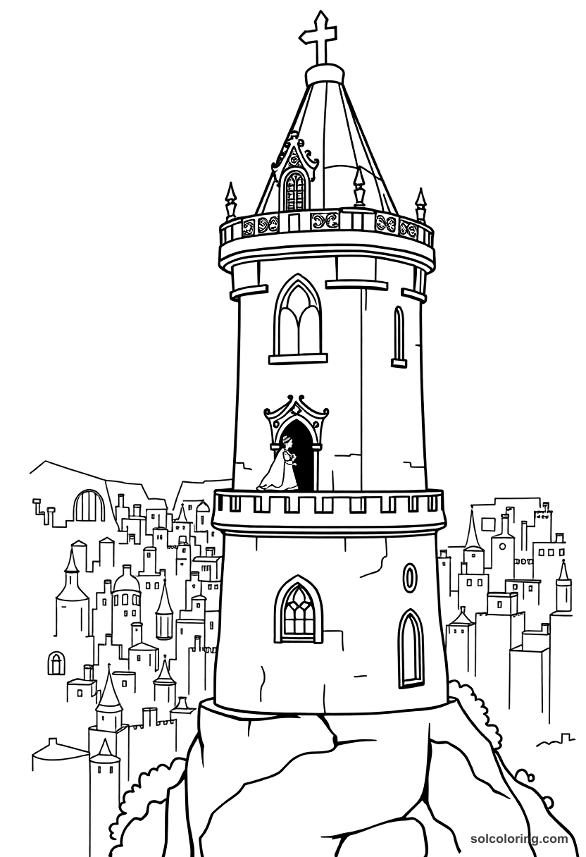 Simple The princess in her tower overlooking the city coloring page, free printable simple style