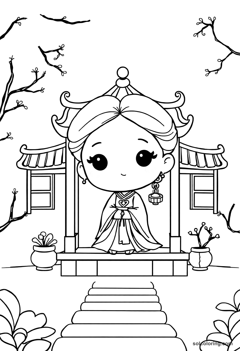 Chibi The Princess of China in her garden pavilion coloring page, free printable chibi style