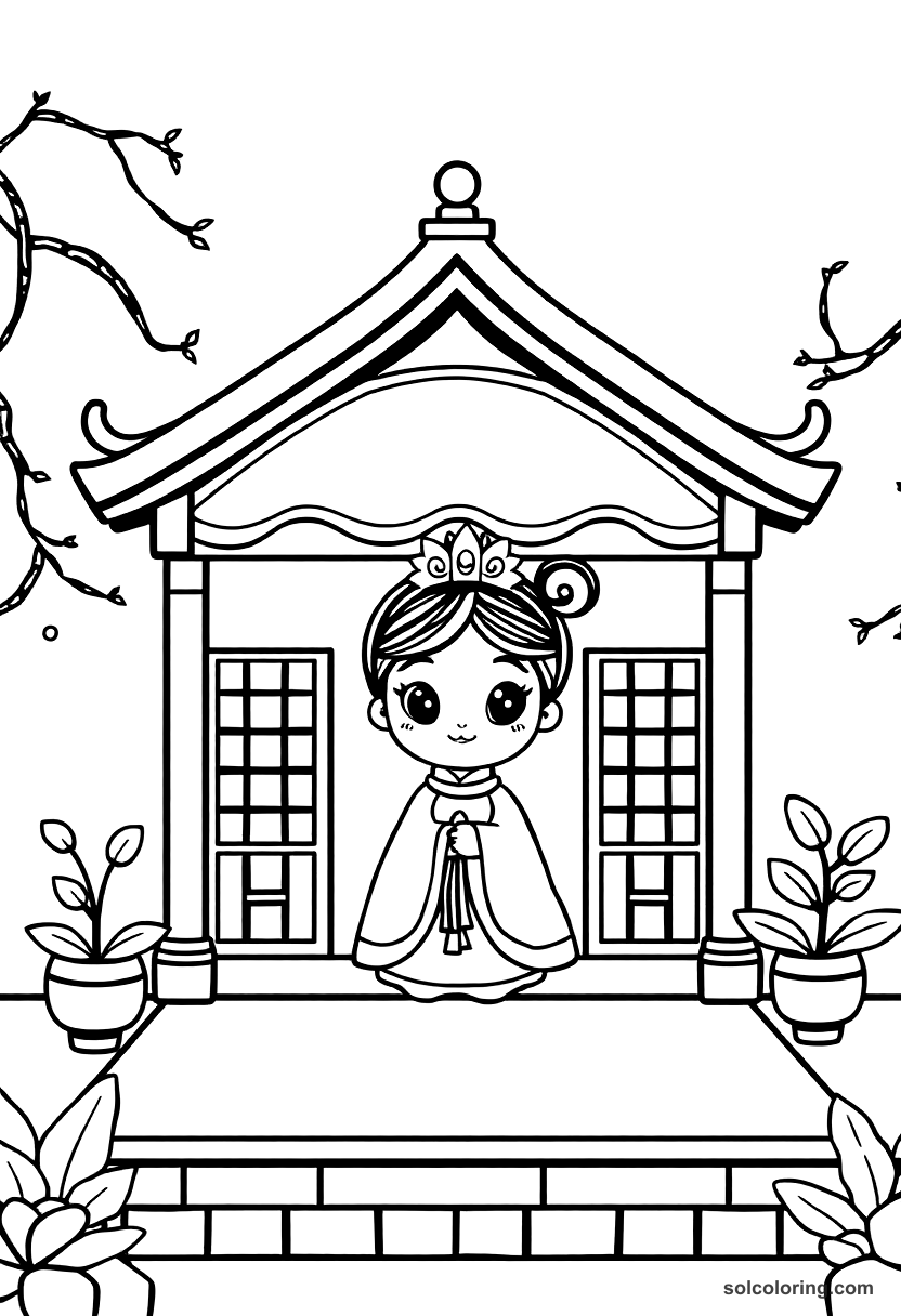 Cute Cartoon The Princess of China in her garden pavilion coloring page, free printable cute cartoon style
