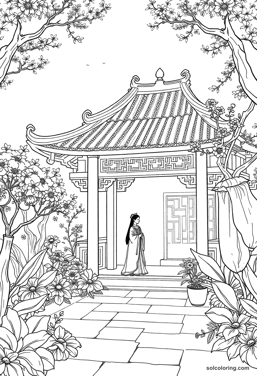 The Princess of China in her garden pavilion coloring page, free printable detailed style