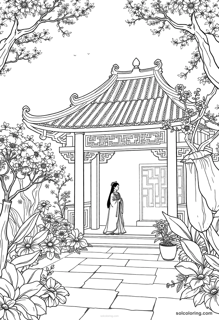 The Princess of China in her garden pavilion detailed coloring page for kids
