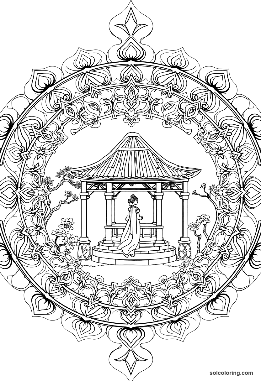 Mandala The Princess of China in her garden pavilion coloring page, free printable mandala style