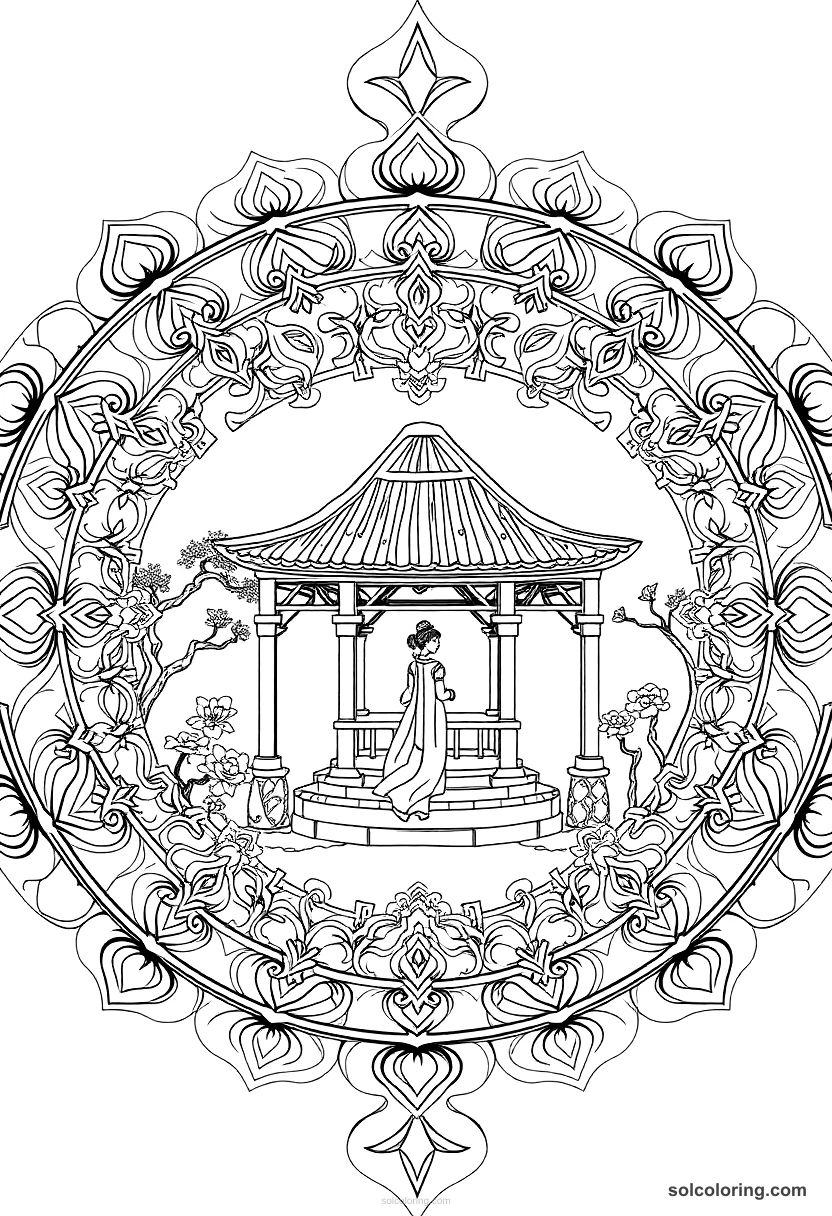 Mandala The Princess of China in her garden pavilion mandala coloring page for kids