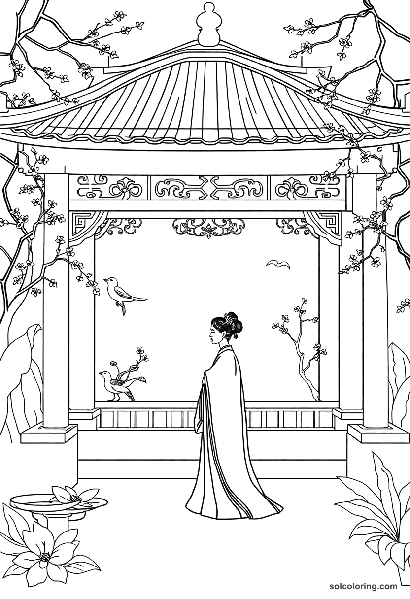Simple The Princess of China in her garden pavilion coloring page, free printable simple style