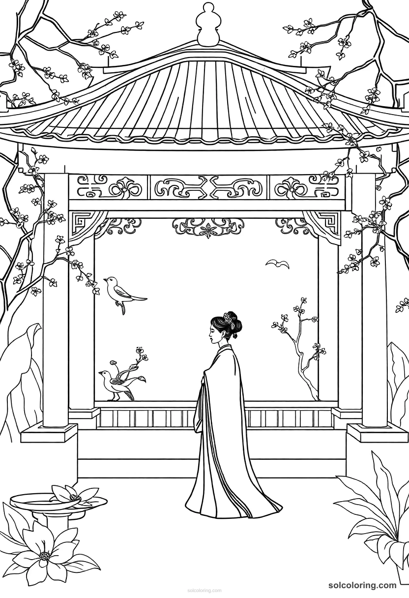 Simple The Princess of China in her garden pavilion simple coloring page for kids