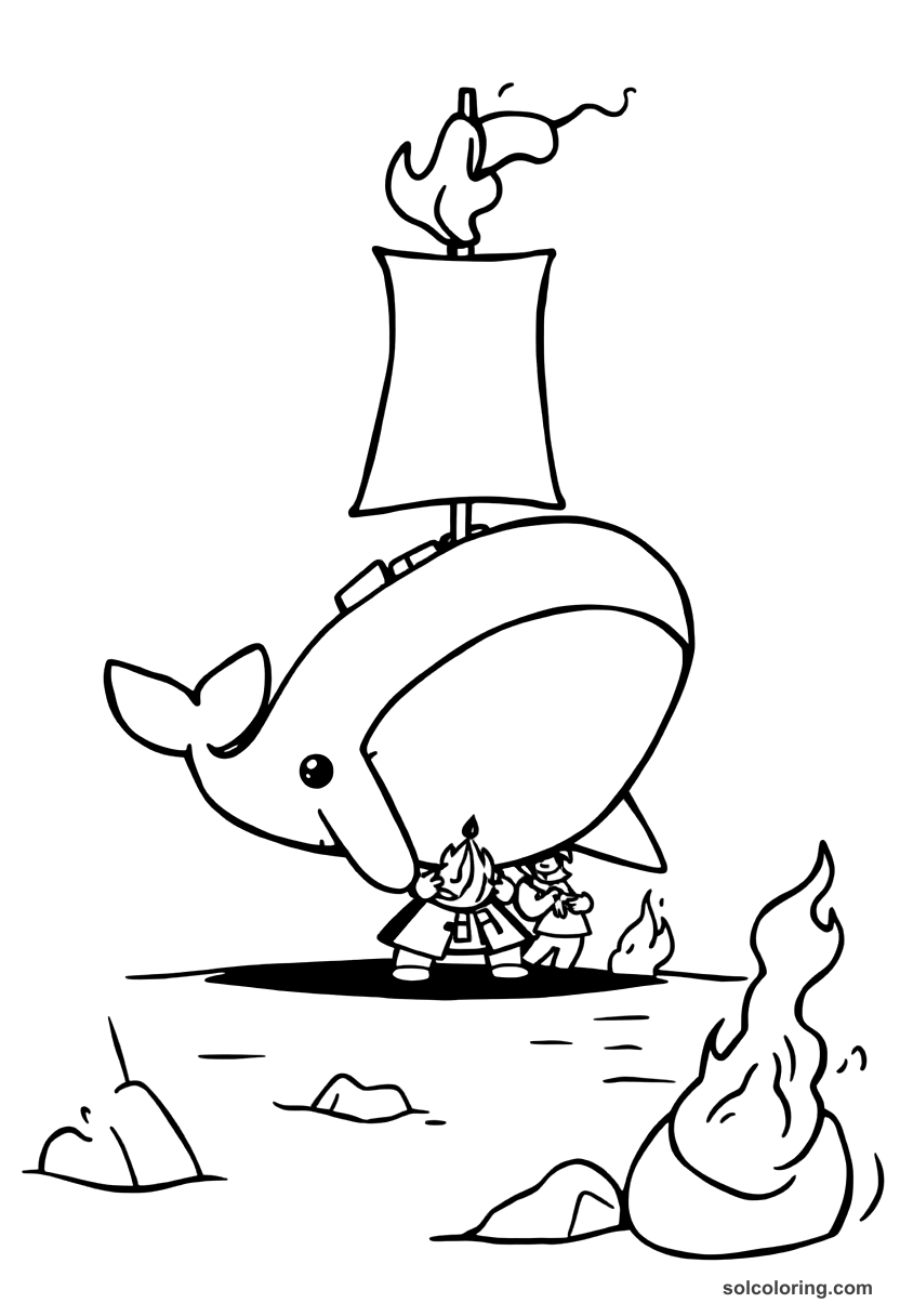 Chibi The sailors making fire on the whale's back coloring page, free printable chibi style