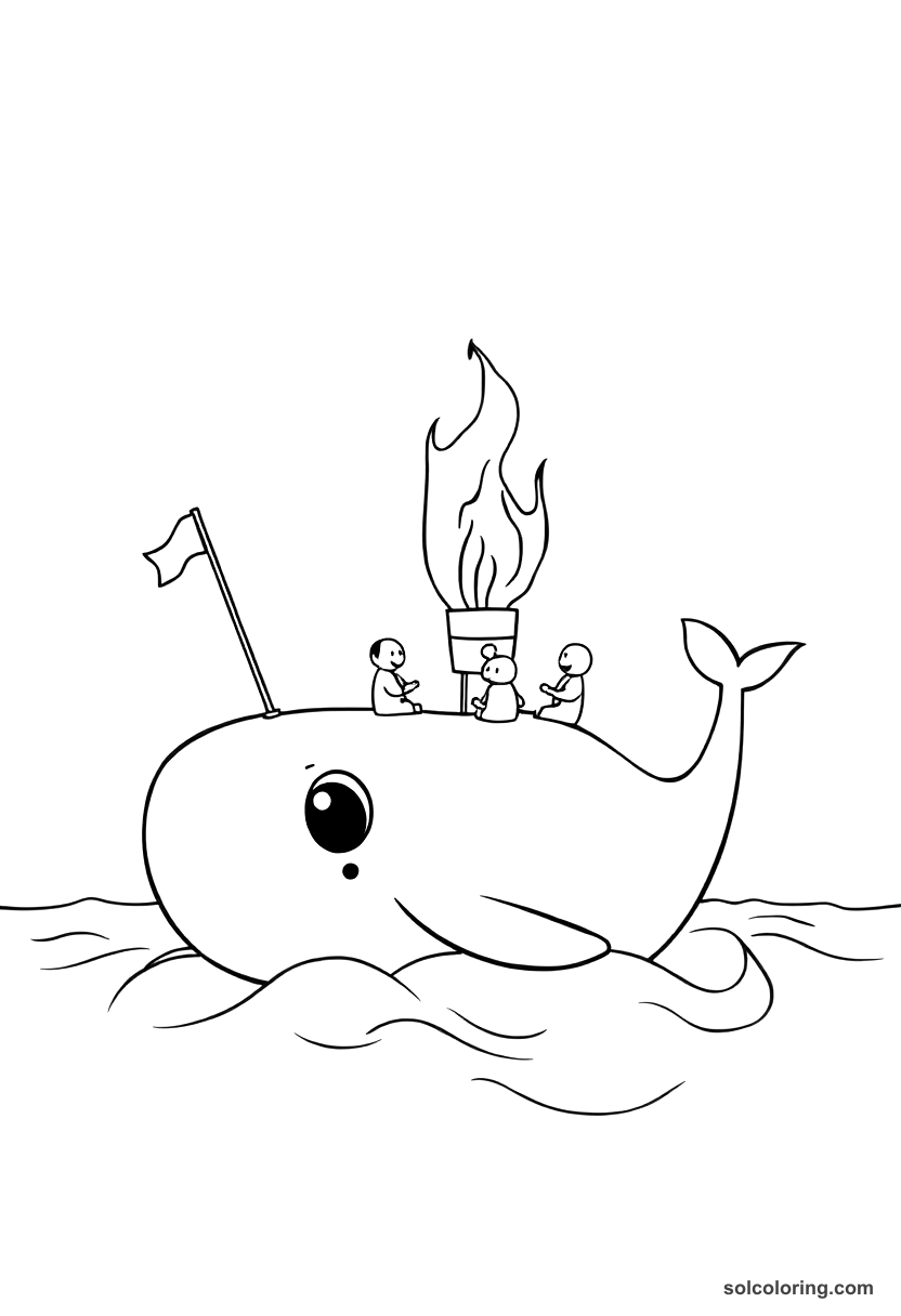 Cute Cartoon The sailors making fire on the whale's back coloring page, free printable cute cartoon style