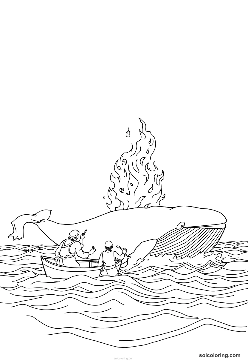 The sailors making fire on the whale's back detailed coloring page for kids