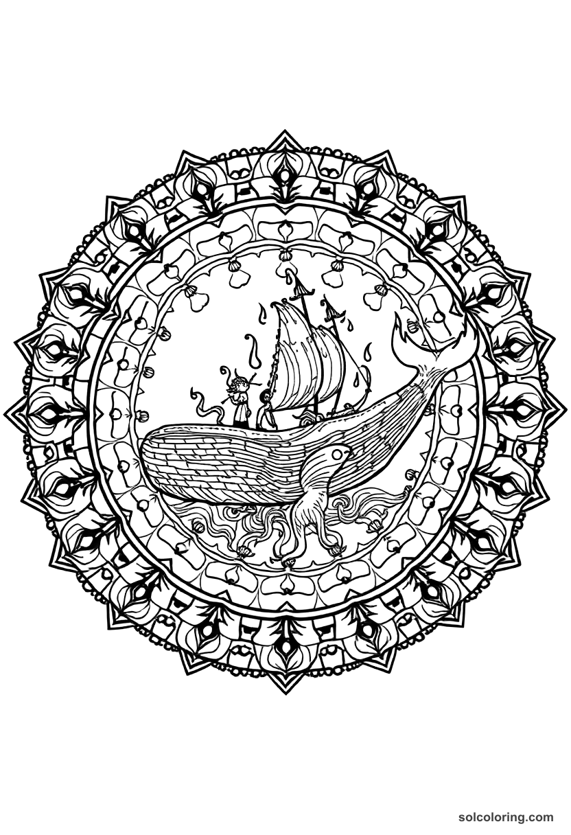 Mandala The sailors making fire on the whale's back coloring page, free printable mandala style