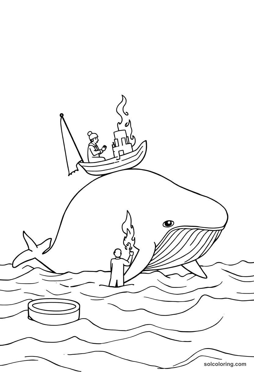 Simple The sailors making fire on the whale's back coloring page, free printable simple style