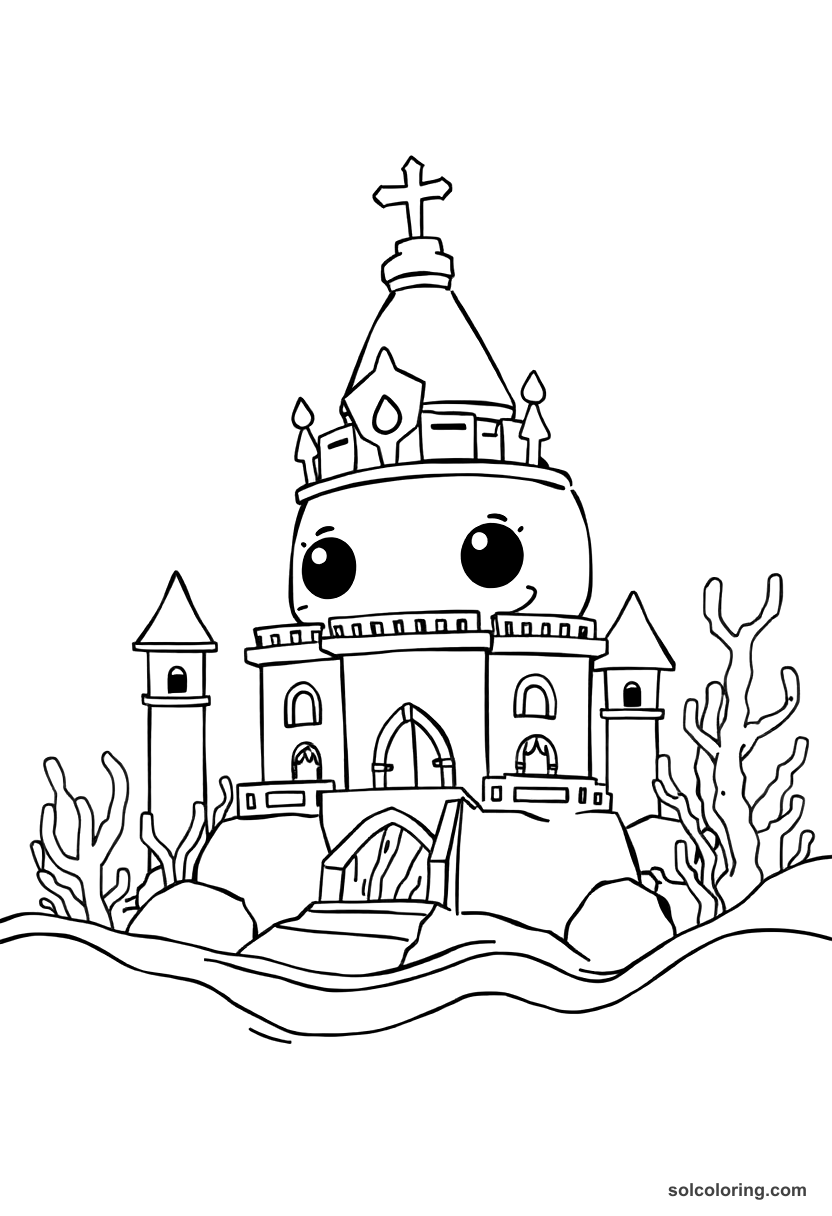 Chibi The sea king's palace beneath the waves coloring page, free printable chibi style