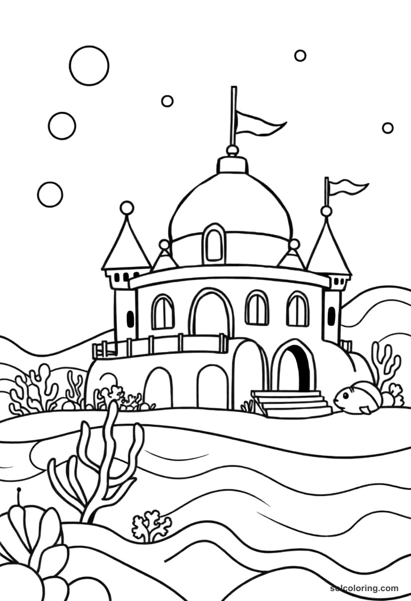 Cute Cartoon The sea king's palace beneath the waves coloring page, free printable cute cartoon style