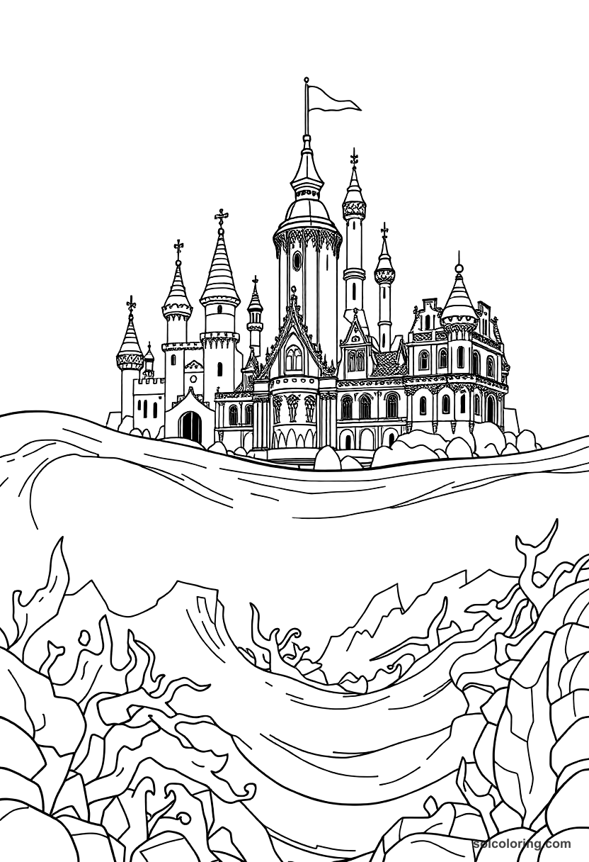 The sea king's palace beneath the waves coloring page, free printable detailed style