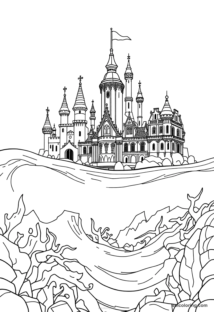 The sea king's palace beneath the waves detailed coloring page for kids