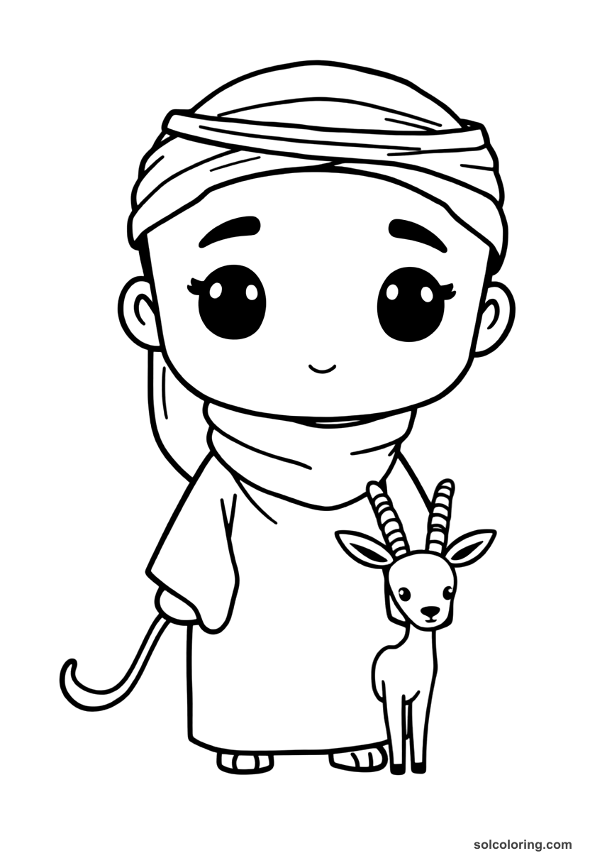 Chibi The sheikh with the gazelle and his tale coloring page, free printable chibi style