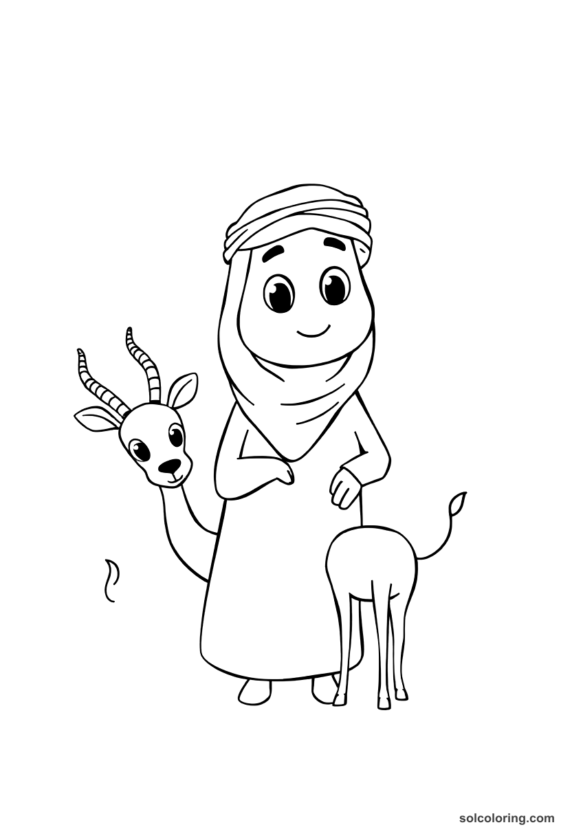Cute Cartoon The sheikh with the gazelle and his tale coloring page, free printable cute cartoon style