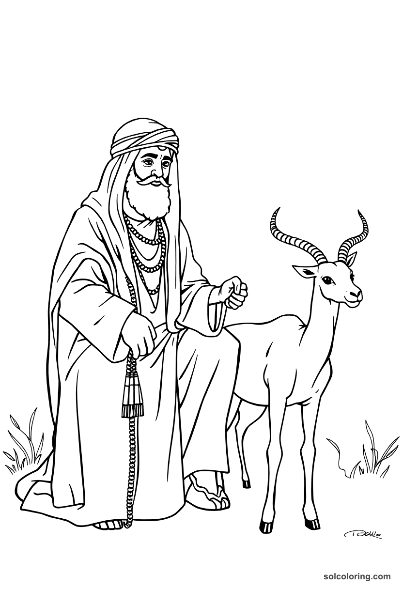 The sheikh with the gazelle and his tale coloring page, free printable detailed style
