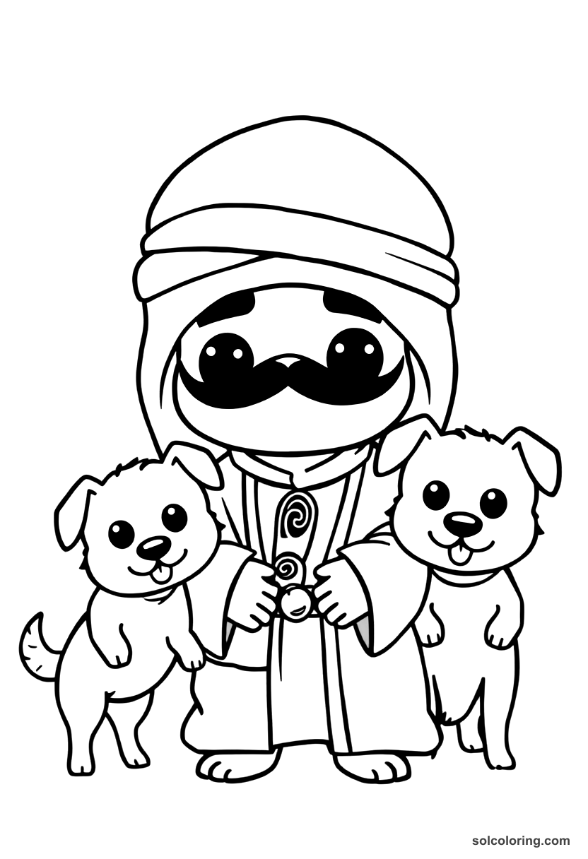 Chibi The sheikh with two black dogs telling his story coloring page, free printable chibi style