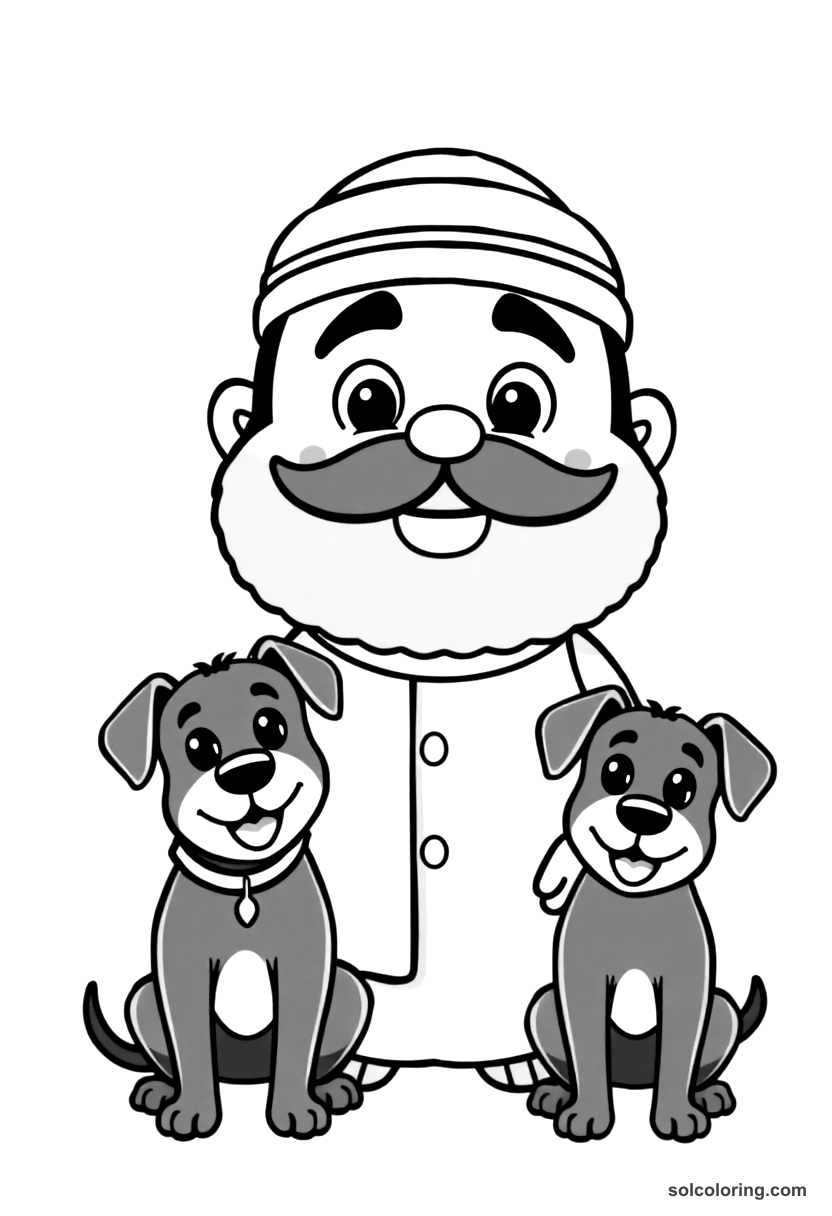 Cute Cartoon The sheikh with two black dogs telling his story coloring page, free printable cute cartoon style