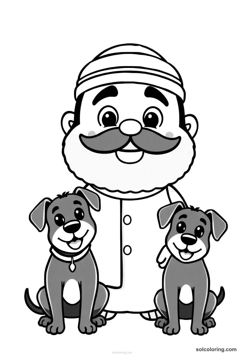 Cute Cartoon The sheikh with two black dogs telling his story cute cartoon coloring page for kids