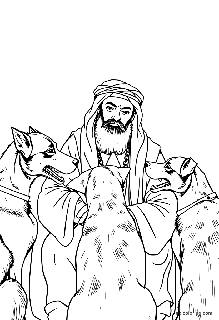 The sheikh with two black dogs telling his story coloring page, free printable detailed style