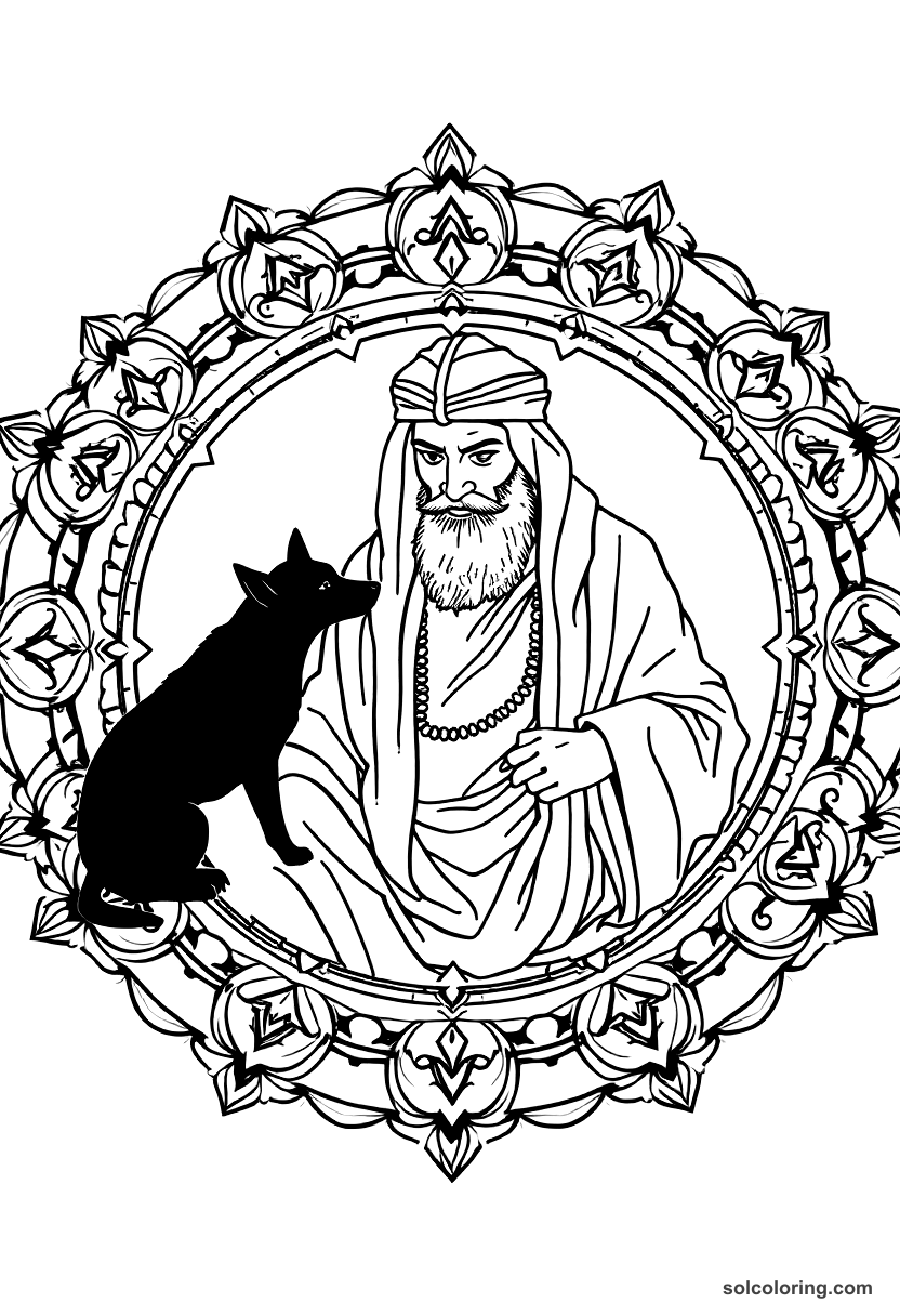 Mandala The sheikh with two black dogs telling his story coloring page, free printable mandala style