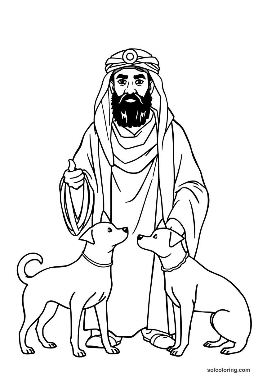 The Sheikh With Two Black Dogs Telling His Story coloring pages