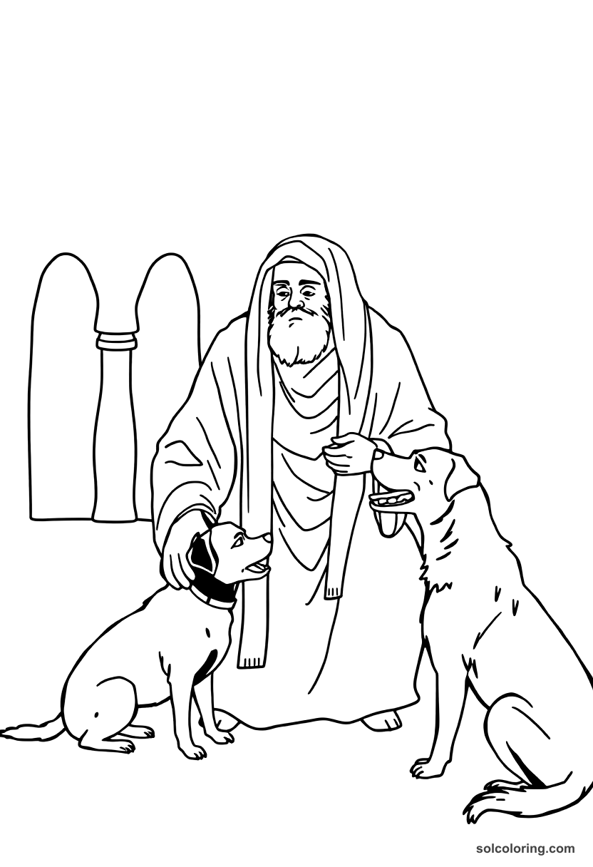 Simple The sheikh with two black dogs telling his story coloring page, free printable simple style