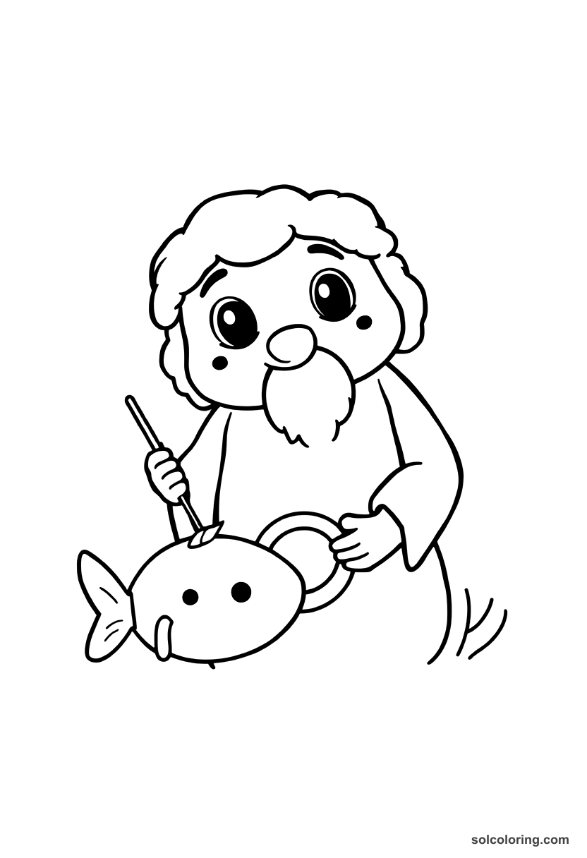 Cute Cartoon The shepherd finding a magic ring in a fish coloring page, free printable cute cartoon style