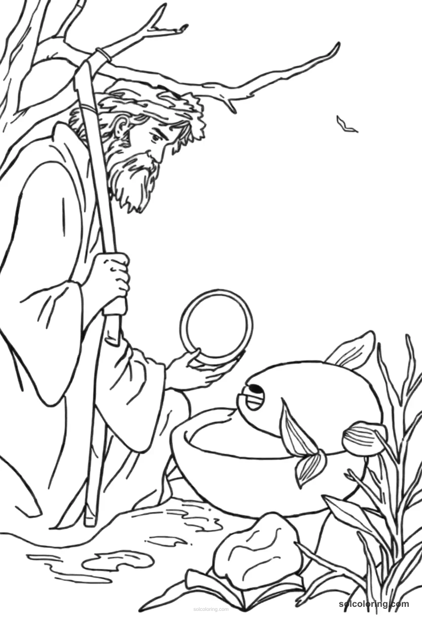 The shepherd finding a magic ring in a fish detailed coloring page for kids