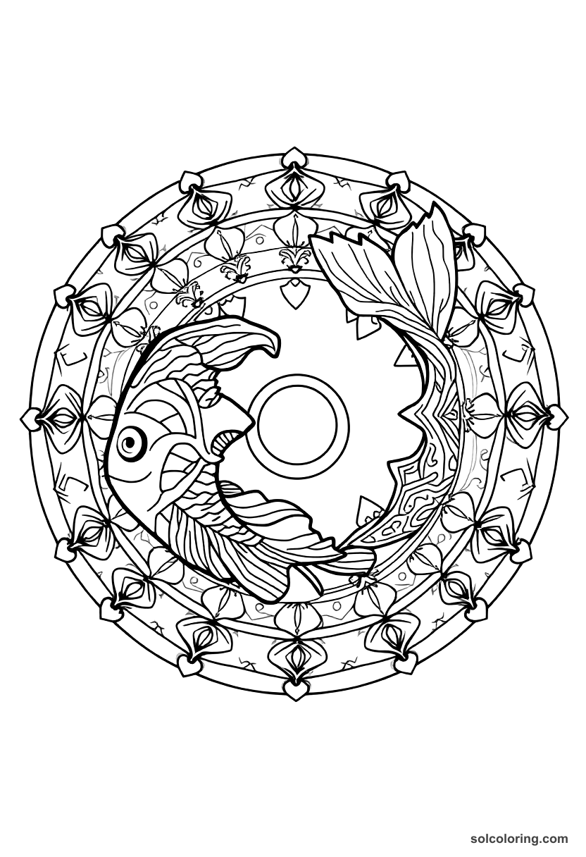 Mandala The shepherd finding a magic ring in a fish coloring page, free printable mandala style