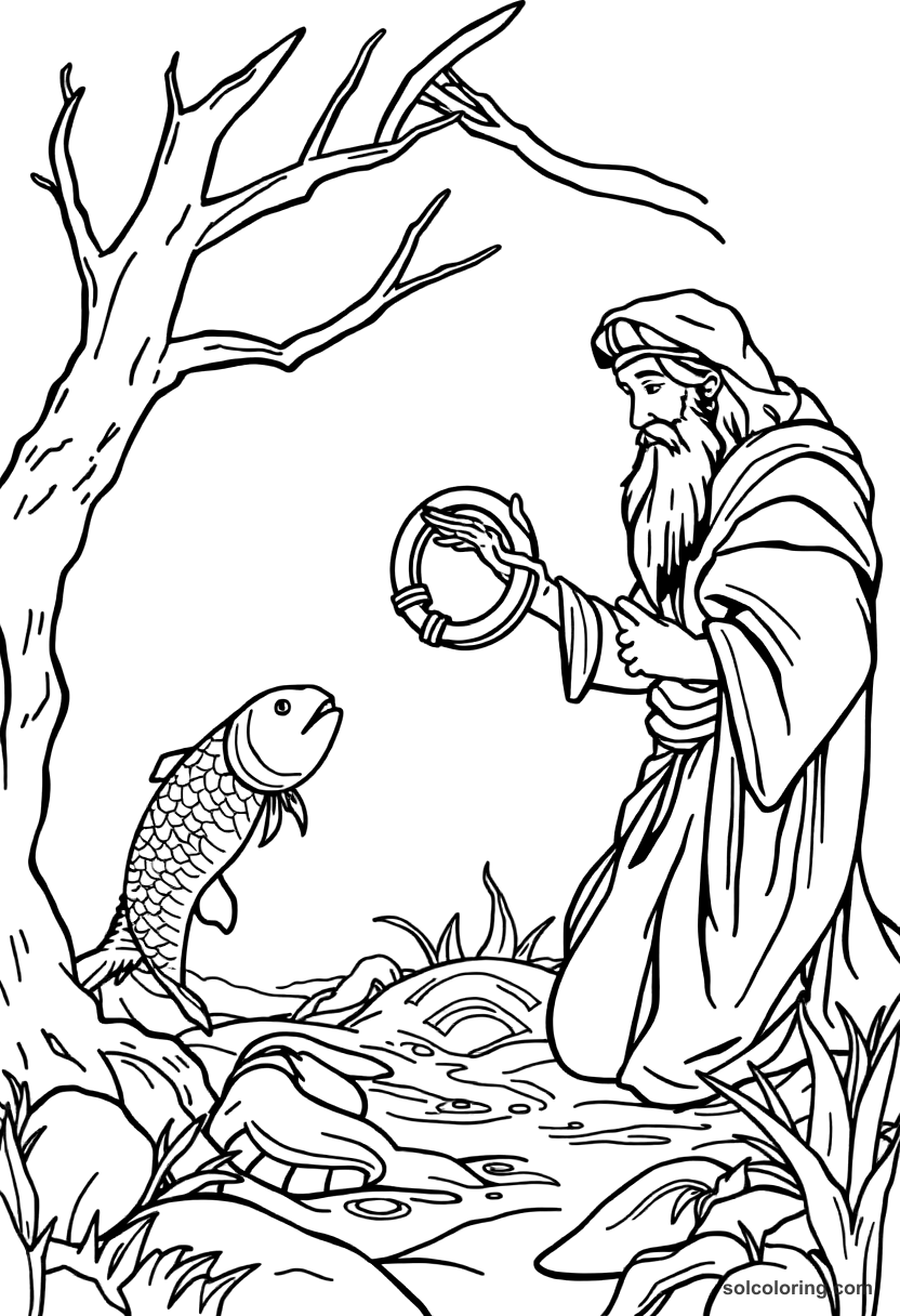 The shepherd finding a magic ring in a fish coloring page, free printable realistic style