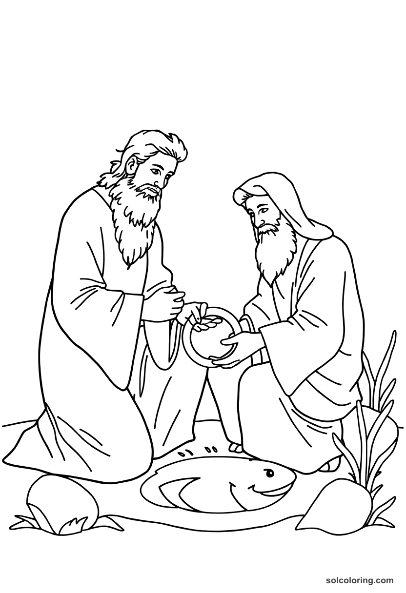 Simple The shepherd finding a magic ring in a fish coloring page, free printable simple style