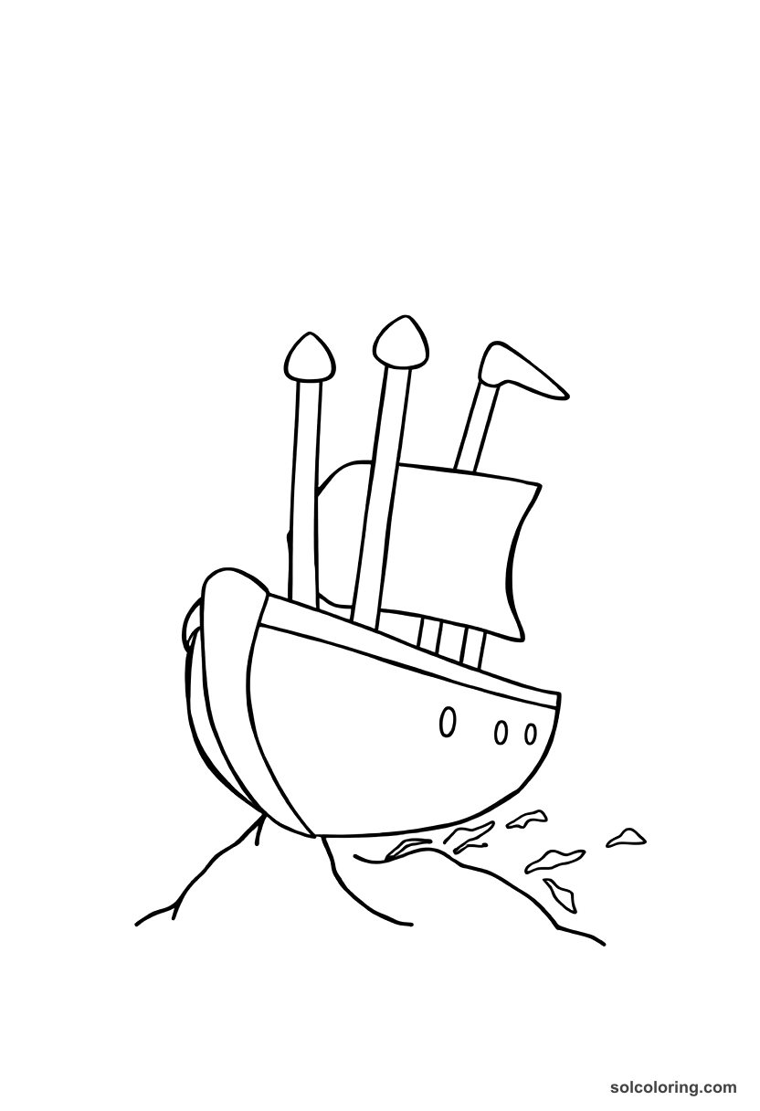 Cute Cartoon The ship's iron nails flying toward the magnet mountain coloring page, free printable cute cartoon style