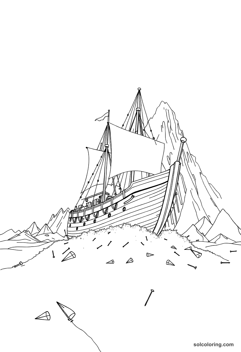 The ship's iron nails flying toward the magnet mountain coloring page, free printable detailed style