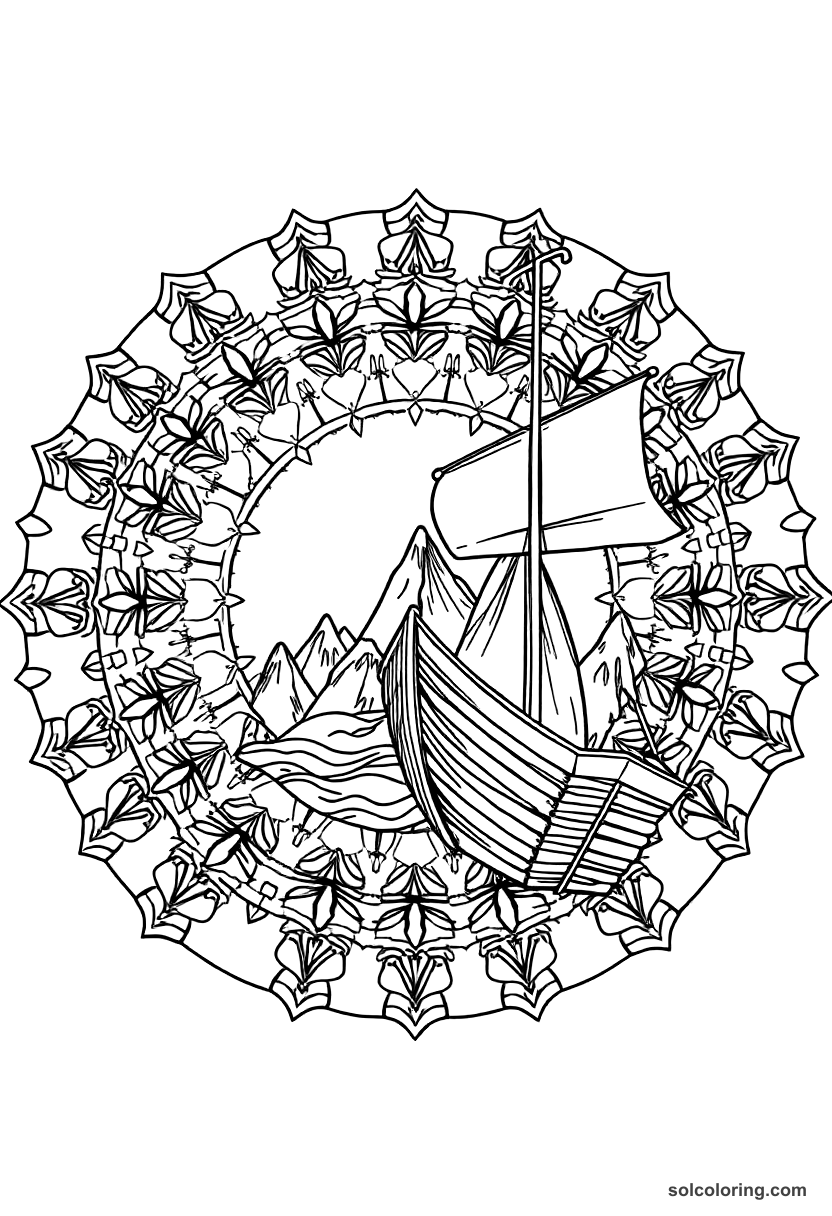 Mandala The ship's iron nails flying toward the magnet mountain coloring page, free printable mandala style