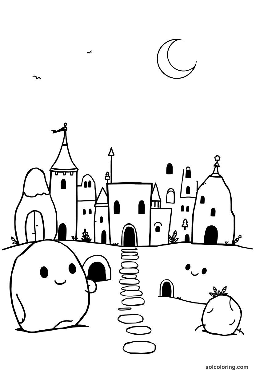 Cute Cartoon The sleeping city where everyone is turned to stone coloring page, free printable cute cartoon style