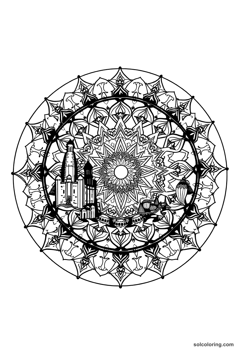 Mandala The sleeping city where everyone is turned to stone coloring page, free printable mandala style