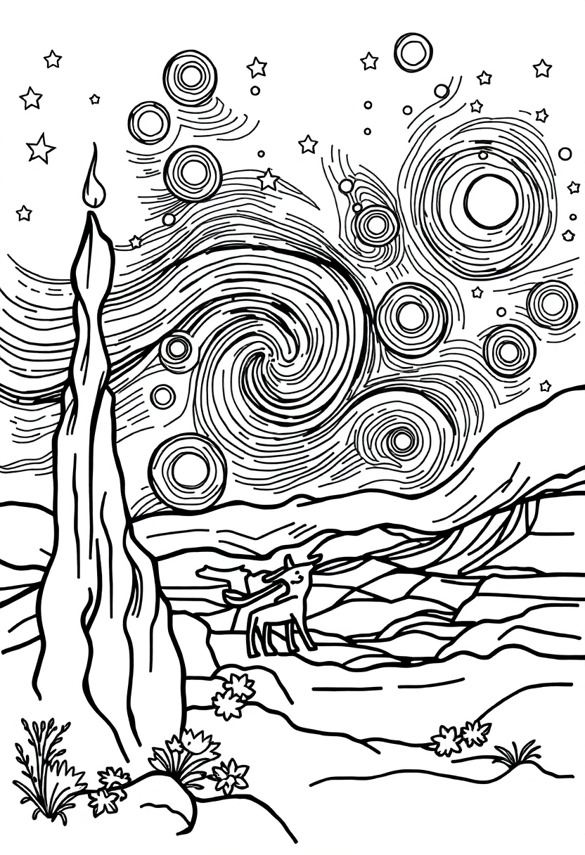 The Starry Night coloring page, free printable standard style for kids and adults