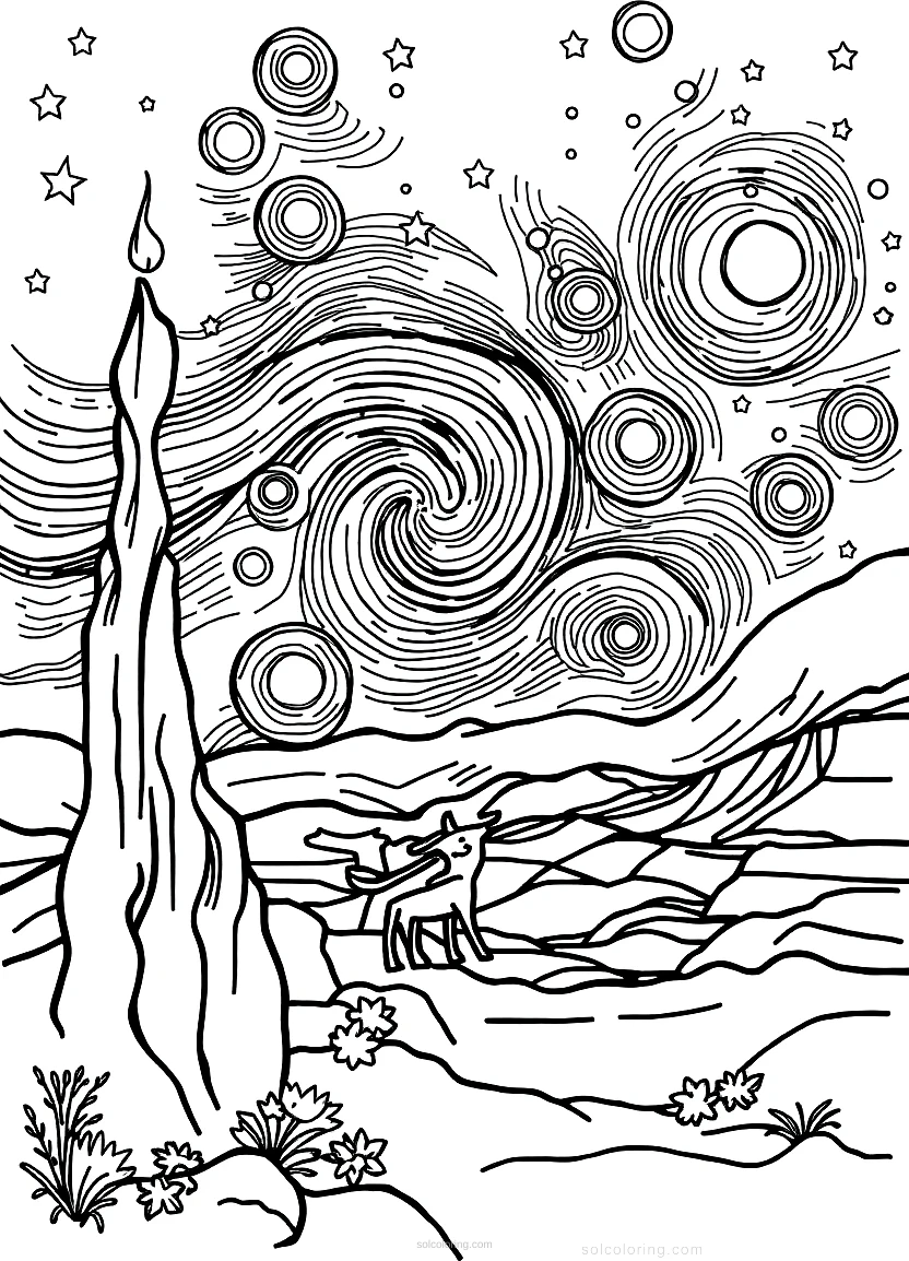 The Starry Night coloring page for kids